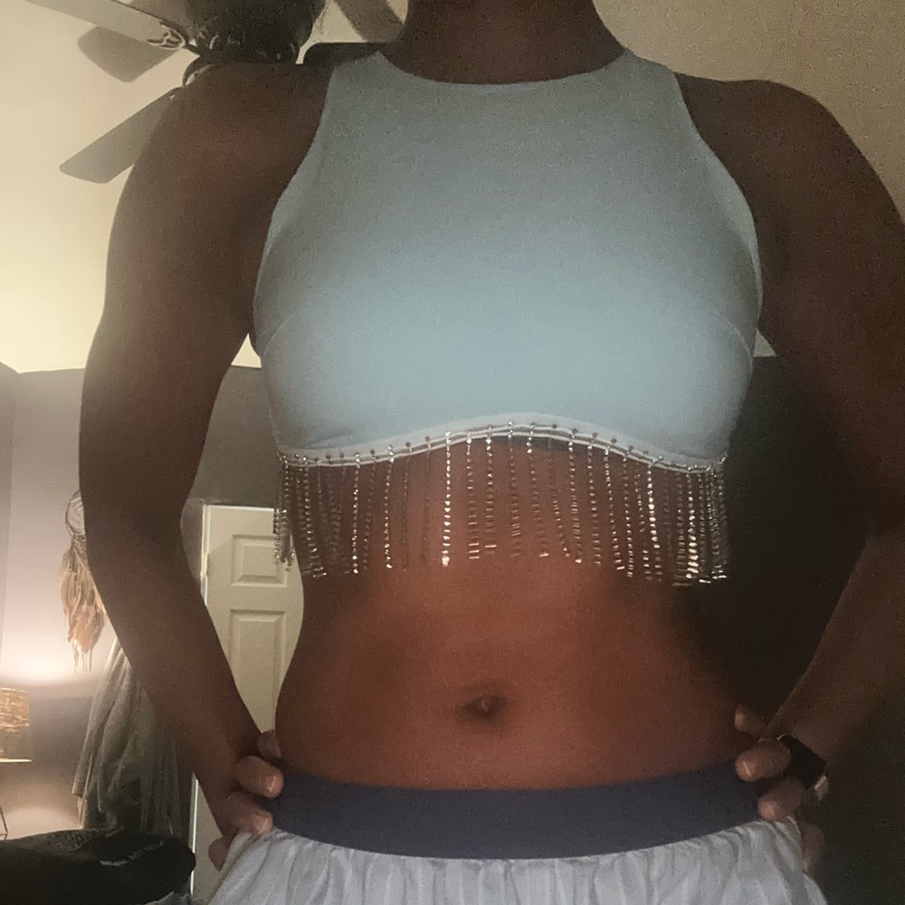SHEIN Light Blue Beaded Fringe Crop Top